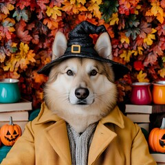 Wall Mural - Playful dog in a witch hat surrounded by autumn decorations