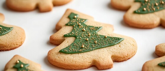 Festive Christmas cookies decorated as green trees with edible glitter, perfect for holiday celebrations and baking inspiration.