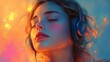 © peppastocker - Cute girl resting while listening to soothing music. meditating young lady with headphones. A gorgeous woman is shown in a serene, ambient, tranquil, and bright digital artwork. Cool look, lofi gal