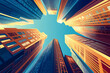 © Noufaldi - A vibrant perspective of skyscrapers reaching towards a clear blue sky.