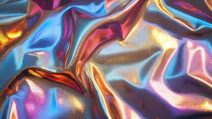 Poster - Holographic iridescent wrinkled foil fabric texture background shimmering in different colors