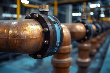 Poster - Large industrial copper pipes connected with flange and bolts