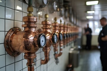 Poster - Copper pipes and gauges measuring pressure in a brewery