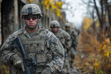 Soldier holding rifle leading squad in forest