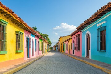 Brightly colored houses line a cobblestone street in trinidad, cuba