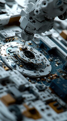 Poster - A robot is drilling into a piece of machinery. The robot is white and the machinery is blue