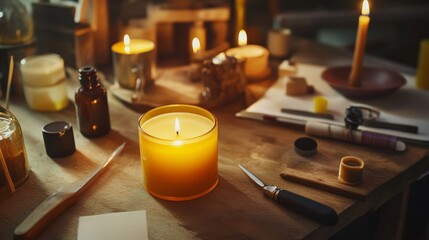 Poster - A cozy candle-making workshop with wax and molds, Candle-making tools and fragrant oils neatly organized, Artisanal candle style