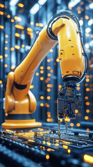 Poster - A robot is working on a computer chip. The robot is yellow and has a long arm. The robot is surrounded by a lot of lights, which gives the image a futuristic and industrial feel