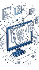 Poster - A computer monitor with many papers on it. The papers are scattered all over the screen
