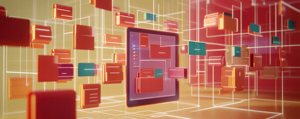 Poster - A computer monitor displays a complex network of files and folders. Concept of organization and structure, as well as the importance of managing and accessing information. The use of bright colors