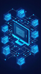 Poster - A computer monitor displays a network of boxes with a blue background. The boxes are connected by lines, and the monitor is the central hub of the network. Concept of a complex