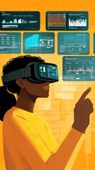 Poster - A woman wearing a virtual reality headset points to a screen. The image is a cartoon of a woman in a yellow shirt with a black headband. The woman is pointing to a screen with a variety of graphs