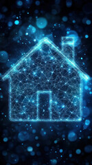 Poster - A house made of light is shown in a blue background. The house is lit up and he is glowing