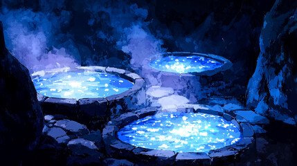 Sticker - Three glowing blue pools of water in a dark cave with steam rising from them.