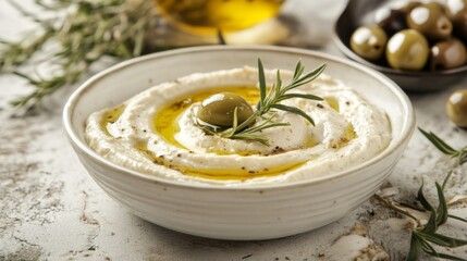 Mezze Platter with Hummus and Olives on Minimalist Background