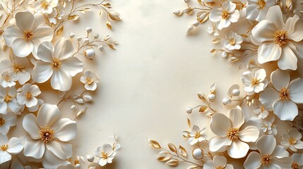 Fototapete - Beautifully designed wedding invitation background showcasing a blend of white and gold flowers intricately illustrated on a subtle cream canvas evoking feelings of love and celebration