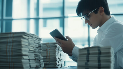 A close-up view of a young man examining financial data on a tablet, positioned next to large stacks of money, emphasizing the intersection of technology and finance in a modern co