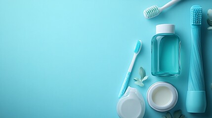 Poster - Bright light background featuring a complete dental hygiene kit including a toothbrush toothpaste mouthwash and dental floss promoting healthy smiles with ample space for text