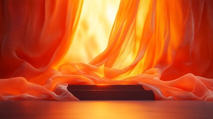 Poster - Captivating 3D podium with a flowing fabric curtain and spotlight highlighted against a vibrant orange background radiating energy and warmth for a luxurious presentation