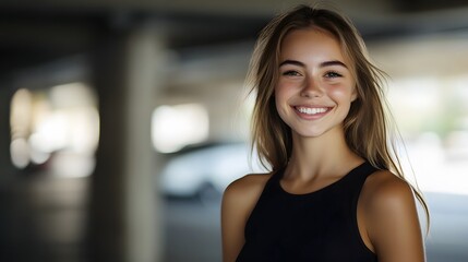 Portrait of happy young woman in black sleeveless casual attire