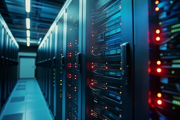 Poster - Server room in a data center with equipment and blinking lights showing big data storage