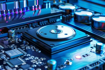 Poster - modern cpu cooling system working on a motherboard, a close up view of electronic components