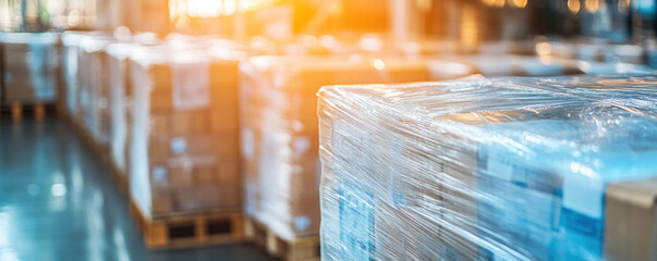 Poster - A warehouse with many boxes stacked on pallets. The pallets are covered with plastic wrap. The boxes are stacked in rows and are of different sizes