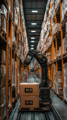 Poster - A robot is in a warehouse, surrounded by boxes. The robot is black and yellow. The boxes are stacked on top of each other