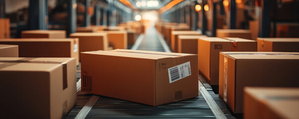 Poster - A conveyor belt with boxes on it. One box is on the ground. The boxes are stacked on top of each other