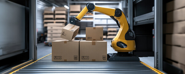 Poster - A robot is picking up boxes from a conveyor belt. The boxes are brown and are stacked on top of each other