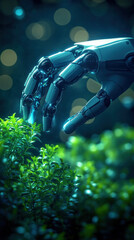 Poster - A robot hand is reaching out to touch a plant. The image has a futuristic and technological feel to it, with the robot hand appearing almost lifelike