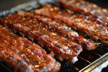 Mouthwatering bbq pork baby back ribs cooking slowly on a grill with glistening sauce