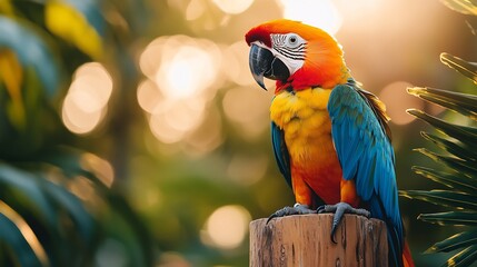 Poster - Charming parrot perched on a sunny orange background vibrant feathers glistening surrounded by tropical leaves ideal for a festive birthday card layout featuring copy space for text