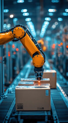 Poster - A robot is working on a conveyor belt with boxes. The robot is orange