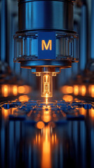 Poster - A machine with a blue M on it. The machine is surrounded by a lot of light and it looks like it is glowing