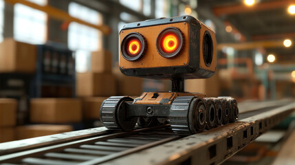 Poster - A robot is standing on a conveyor belt in a factory. The robot is orange and has red eyes. The robot is not moving and is looking at the camera
