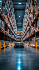 Poster - A warehouse with a robot in the middle of it. The robot is surrounded by boxes and pallets