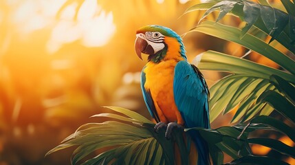 Fototapete - Charming parrot perched on a sunny orange background vibrant feathers glistening surrounded by tropical leaves ideal for a festive birthday card layout featuring copy space for text