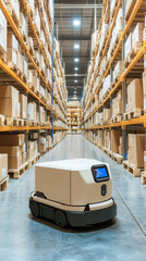 Poster - A robot is in a warehouse with a lot of boxes. The robot is white and has a blue screen