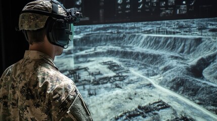 Wall Mural - military territory scanning with ar, using augmented reality to analyze and scan enemy-controlled re