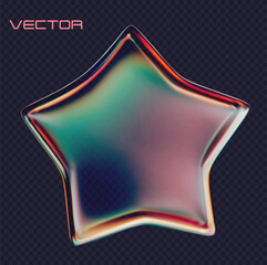 Wall Mural - 3d crystal glass star. glossy iridescent geometric shape. 3d vector illustration on dark background