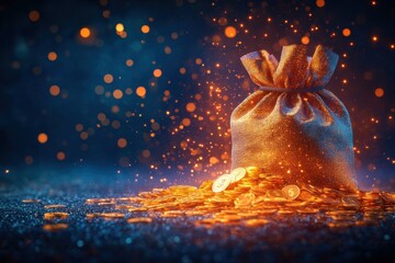 artistic rendering of money bag raining gold coins financial growth concept vibrant colors against dark background digital payment symbolism