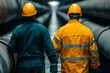 © Pikul - Two workers in safety gear inspecting industrial pipes, showcasing teamwork and safety in a modern environment.