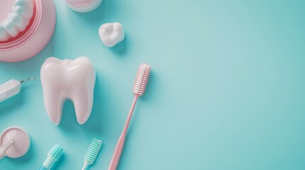 Poster - Clean dental setup featuring a tooth model floss and dental equipment arranged on a pastel blue background promoting dental hygiene awareness with ample space for text or branding