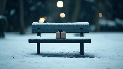 Snow-covered park bench beneath a dimly lit streetlight, with a small, lonely gift box placed on the seat, symbolizing sadness during Christmas 