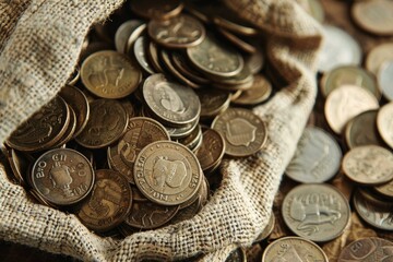 Overflowing hessian bag spilling antique coins onto a wooden table evokes a feeling of old world prosperity