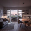© MatandSterre - Cozy modern living room with a panoramic city view. Large windows open to a balcony, featuring a stylish sofa, dining table, and warm lighting, creating an inviting atmosphere.