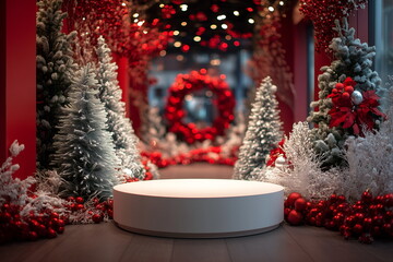 A product display podium empty with red Christmas decorations, design layout with space, shopping and sales