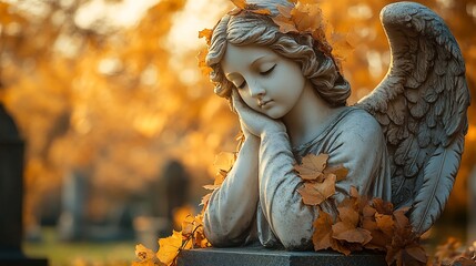 Poster - Closeup of a sad angel statue draped in vines at a peaceful cemetery surrounded by fallen leaves and soft lighting creating a poignant scene with plenty of copy space for text