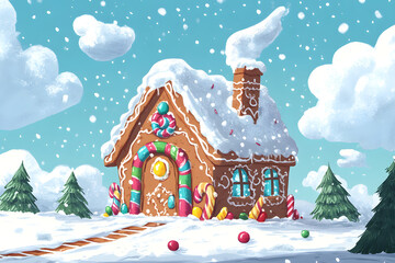 A hand-drawn style illustration of a gingerbread house with colorful candy decorations and snow icing